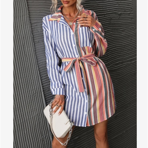 Colorful Striped Print Button Down Shirt Dress WITHOUT BELT - Picture 5 of 9